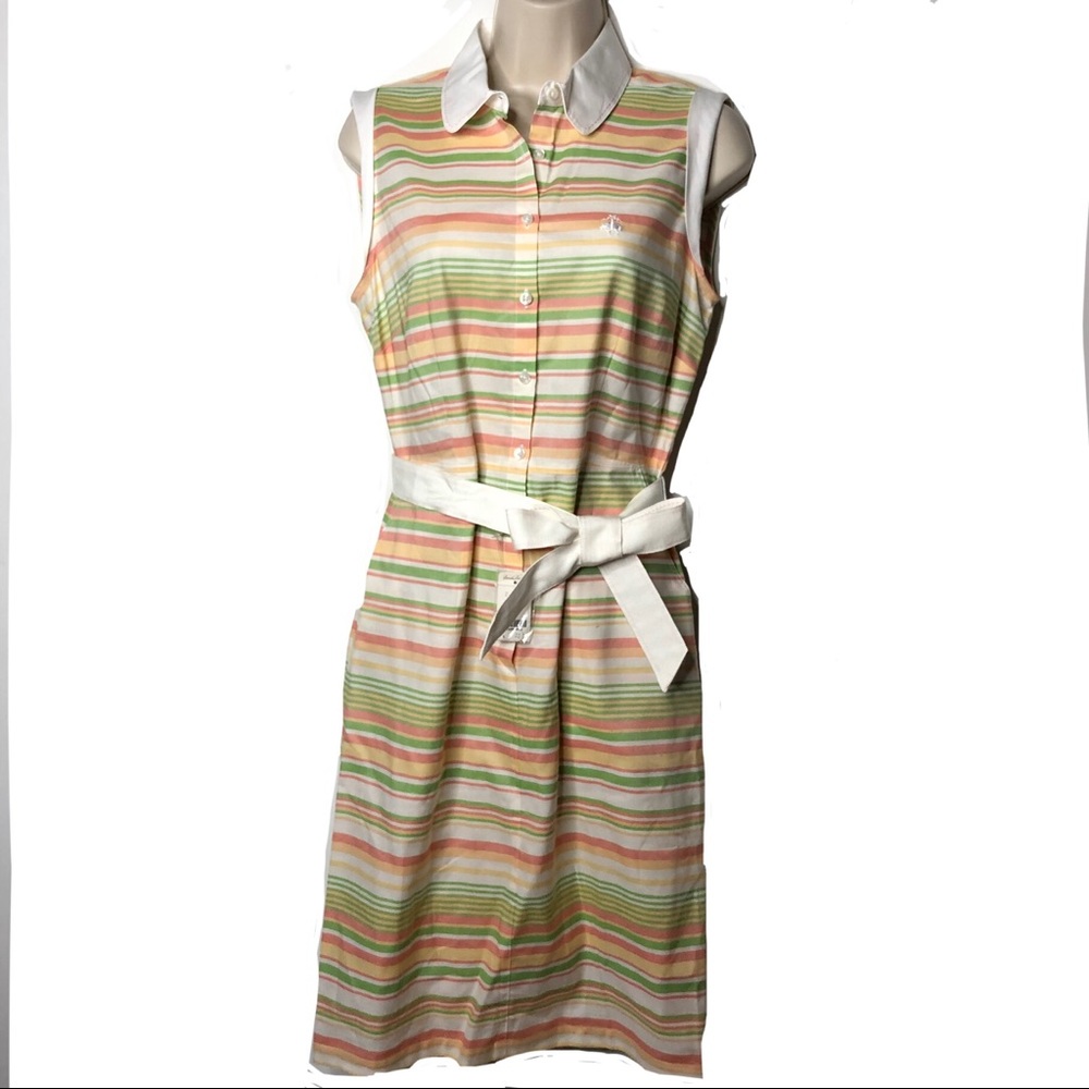 Brooks Brothers Striped Sleeveless Midi Dress - Green, Orange, White